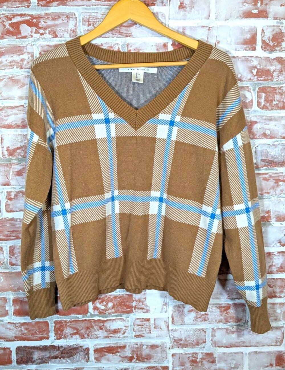Max Studio V-Neck Plaid Tight-Knit Preppy Grandpacore Camel Blue Sweater L